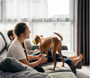 couple playing video games on couch with dog