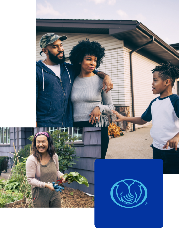 woman gardening and family outside home