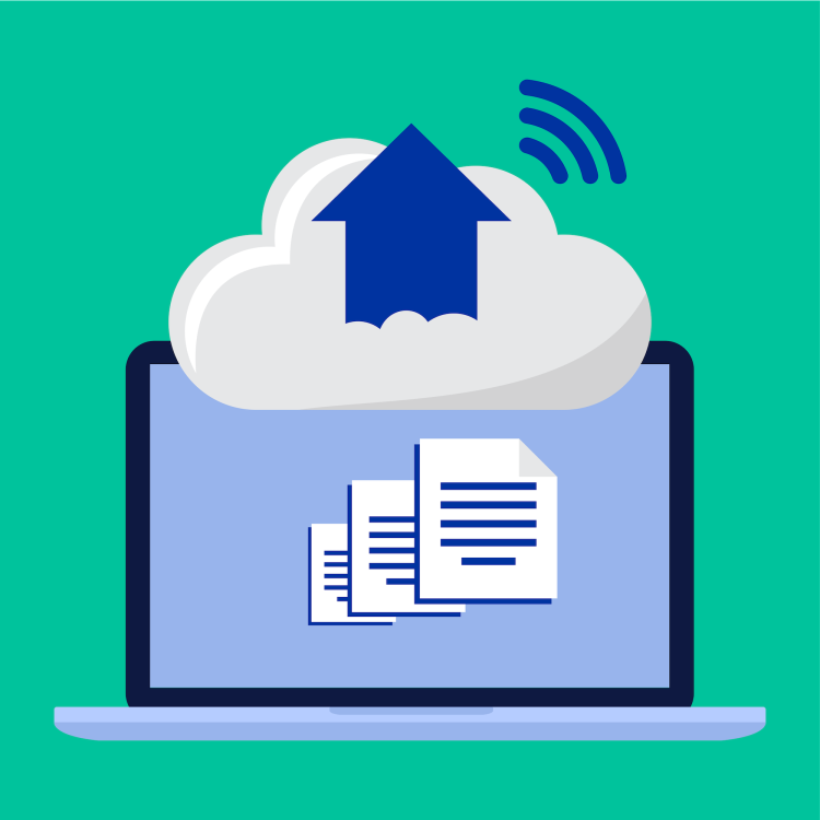 Dokumente und Daten werden vom Laptop in die Cloud hochgeladen.